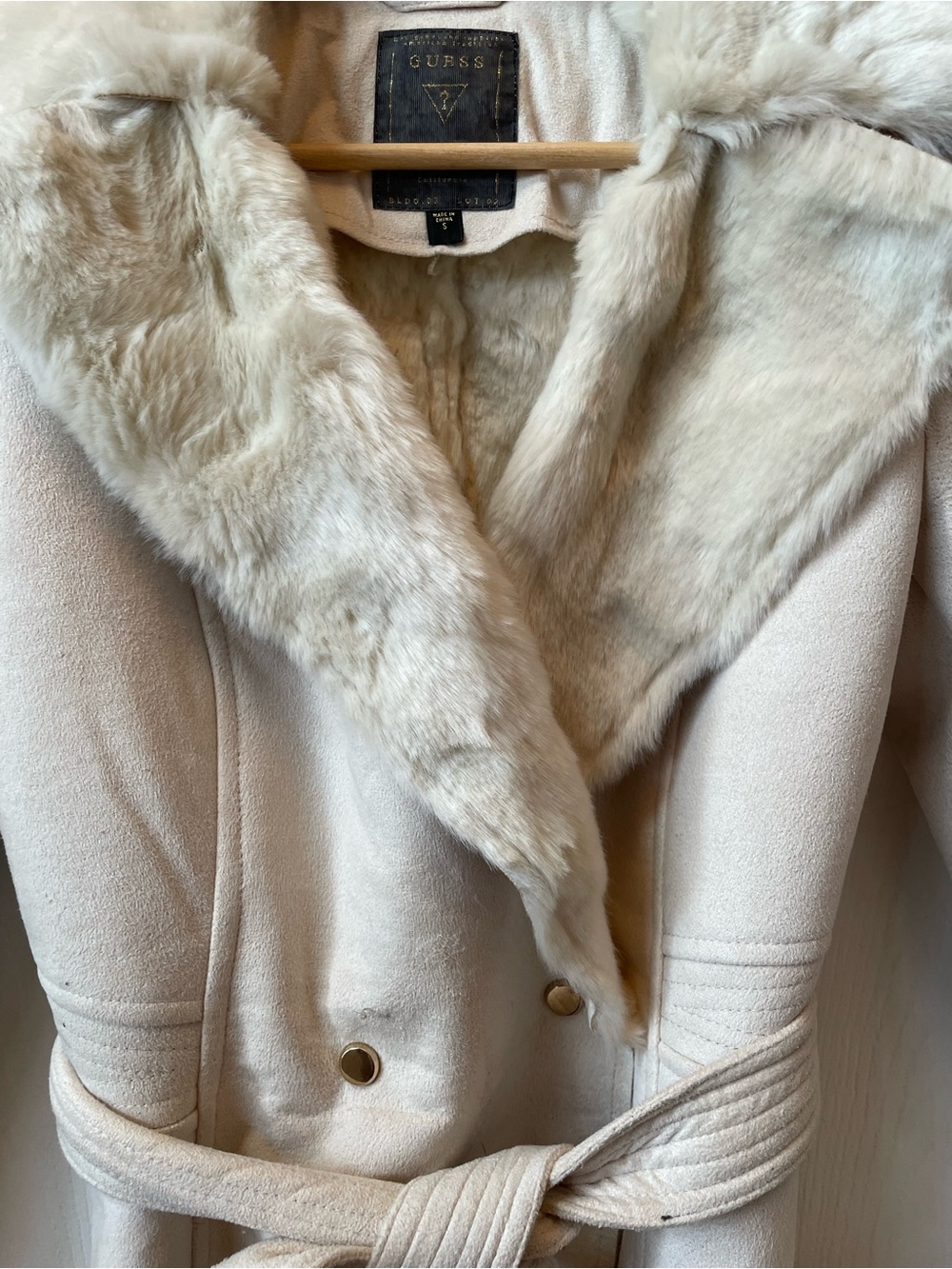 GUESS Cream Faux-Fur Collar Belted Teddy Jacket - Picture 5 of 9